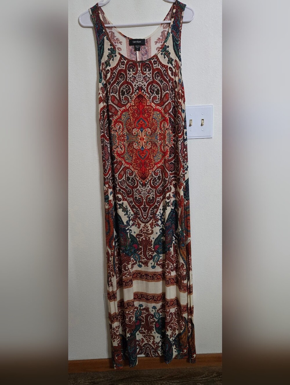 Karen Kane Cream Maxi Dress with Red and Teal Paisley Print